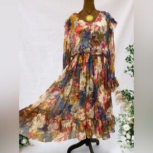 Sundance Bohemian Feminine Cottagecore Girly Floral Dress W Ruffle Sleeves